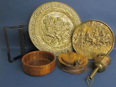 Brass ware includes heavy port hole, decorative chargers, Salter 30 roast hanger & wooden bowl