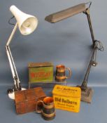 Nosegay & Old Holborn tins, lamps wooden banded tankards & box