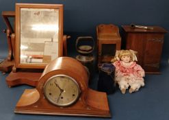 Railway signal lamp, two smokers cabinets, Westminster chime mantel clock, enamel canister, two