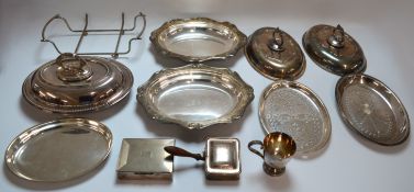 Collection of silver plate, including Mappin & Webb silent butler, Aristocrat cigarette box,