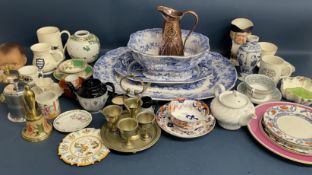 Mixed ceramics, copper Art Nouveau jug, Chinese blue & white vase, Union Jack table cloth & small
