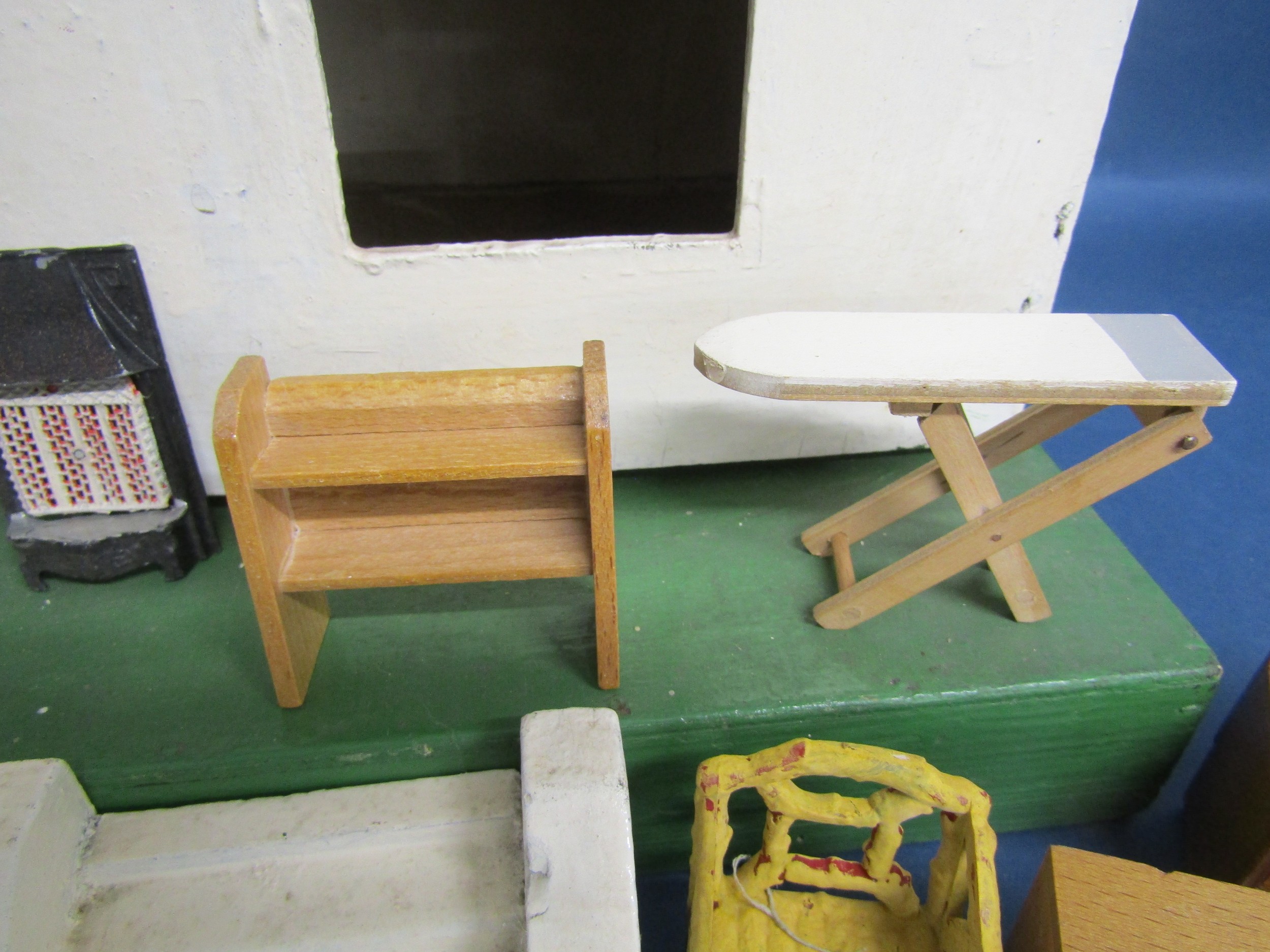 Dolls house with furniture includes metal mangle, fire and tea set, wooden furniture some with - Image 8 of 10