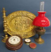 Aladdin oil lamp with red shade, brass charger, brass table lamp base, Goldsmith barometer, etc