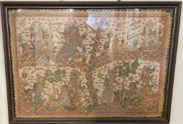 Possibly a Balinese Kamasan pen & hand coloured picture 89cm by 64cm