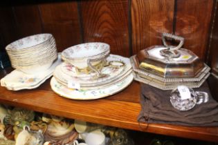 A pair of octagonal silver plated entree dishes, twelve Minton “Spring Bouquet” bowls, a Royal