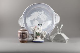 An Honor Hussey studio pottery two-handled shallow bowl, 18 1/4” wide, a Rye Pottery figure on a