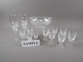 Six cut glass champagnes, six cut glass ports, six Stuart crystal sherrys, in original box and other