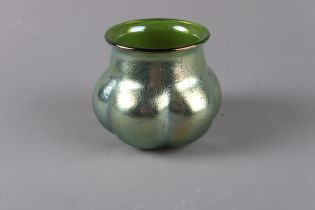 A Loetz green iridescent lobed vase, 3" high