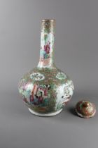 A 19th century Canton enamelled sprinkler vase and cover decorated panels of figures, 18" high (