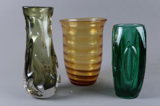 A Whitefriars style vase, 9 3/4” high, an amber glass vase and a green glass vase