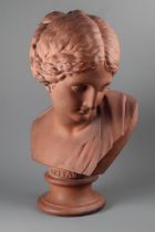 A  Watcombe Torquay Victorian terracotta bust of Caritas, on circular base, 20 1/2” high