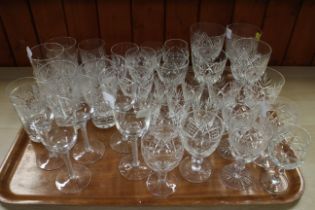 A part suite of Webb cut glass wines etc, other cut glass and a set of five wines with air twist