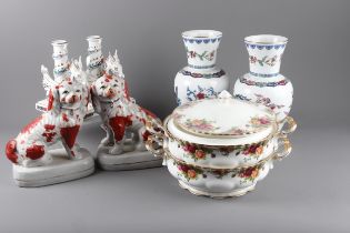 A pair of Royal Albert “Old Country Roses” tureen and covers, a pair of crackle glazed model dogs,