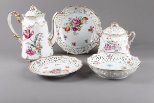 Two Dresden floral decorated pierced bowls, a similar plate, a floral decorated coffee pot and