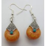 A pair of 925 silver and hardstone drop