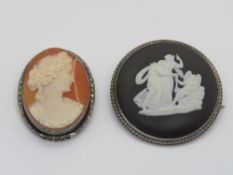 A carved shell cameo in silver marcasite