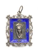Religious Iconography; a sterling silver and blue enamel Madonna pendant, stamped 925,