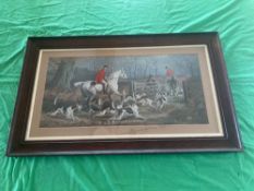 Hunting print; grey horse with rider, hounds at foot, framed,