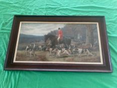 Hunting print; dark bay horse with rider, hounds at foot, framed, 49 x 83cm.