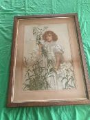 Print; girl with lilies, framed, 84 x 64cm.