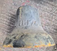 A cast bronze bell cast in proud relief W L 1760, clapper deficient, 39cm high, 30cm dia, 52kg.