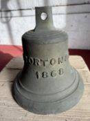 A 19th century cast bronze bell having F Morton & Co 1868 cast in proud relief upon.