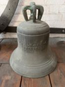 A 19th century bell having cast in proud relief T Hale & Sons Bristol 1853, cast-in crown staples,