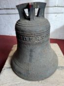 A 19th century cast iron bell by and having in proud relief upon J Taylor & Co Founders 1887.