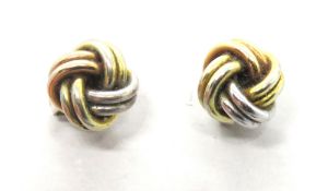 A pair of tri-colour Russian knot earrings, stamped 375 to stud, 1.8g.