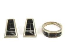 A set of Sterling silver and black onyx Native American jewellery comprising ring size S and