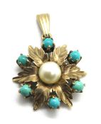 A 9ct gold pearl and turquoise floral pendant, hallmarked 375, approx 2.6cm inc bale, 2.4g.
