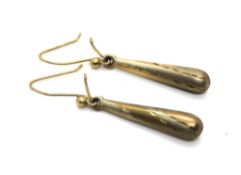 A pair of tri-colour drop earrings, stamped 9ct to the hangers, 1g.