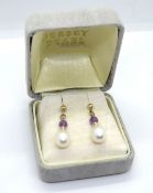 Jersey Freshwater Pearls; earrings with butterfly backs stamped 375, in original box.