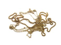 Three broken chain necklaces, vintage rose metal unmarked 4.5g, 9ct gold chain 1.