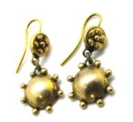 A pair of yellow metal drop earrings,