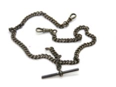 A hallmarked silver Albert chain with T bar upon, 29.6g.