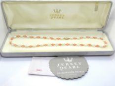 Jersey Freshwater Pearls; necklace with 9ct gold clasp, in original box with paperwork.