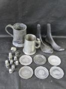 A quantity of pewter items including Railway interest, and two shoe lasts.