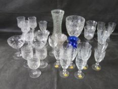A collection of assorted glassware including a set of six hand cut liqueur glasses.