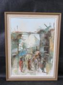 Oil on canvas, bustling impressionistic street scene or marketplace, 29 x 39cm, framed 36.5 x 46.