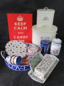 A quantity of Emma Bridgewater and other similar homewares including trays, plastic cups and plates,