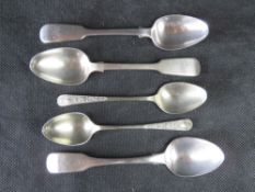 Five assorted silver hallmarked spoons, 96.7g.