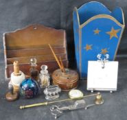 A quantity of desk ephemera including letter rack, paperweights, photo frame, inkwell,