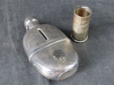 A silver plated 'Just a Shot' shotgun cartridge spirit measure or tot cup by PHV&Co,