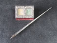 A silver fountain pen by S Mordan & Co, together with a leather and silver stamp holder a/f.