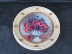 A Jelson series hand-painted floral watercolour painting, 24cm dia, housed within a round,