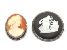 A carved shell cameo in silver marcasite