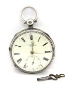 A hallmarked silver open face pocket watch, with key, movement by Edward Bevan Birkenhead,