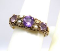 A 9ct gold Suffragette style amethyst and seed pearl ring, one seed pearl deficient, hallmarked 375,