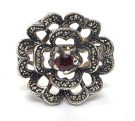 A silver and marcasite cocktail ring in